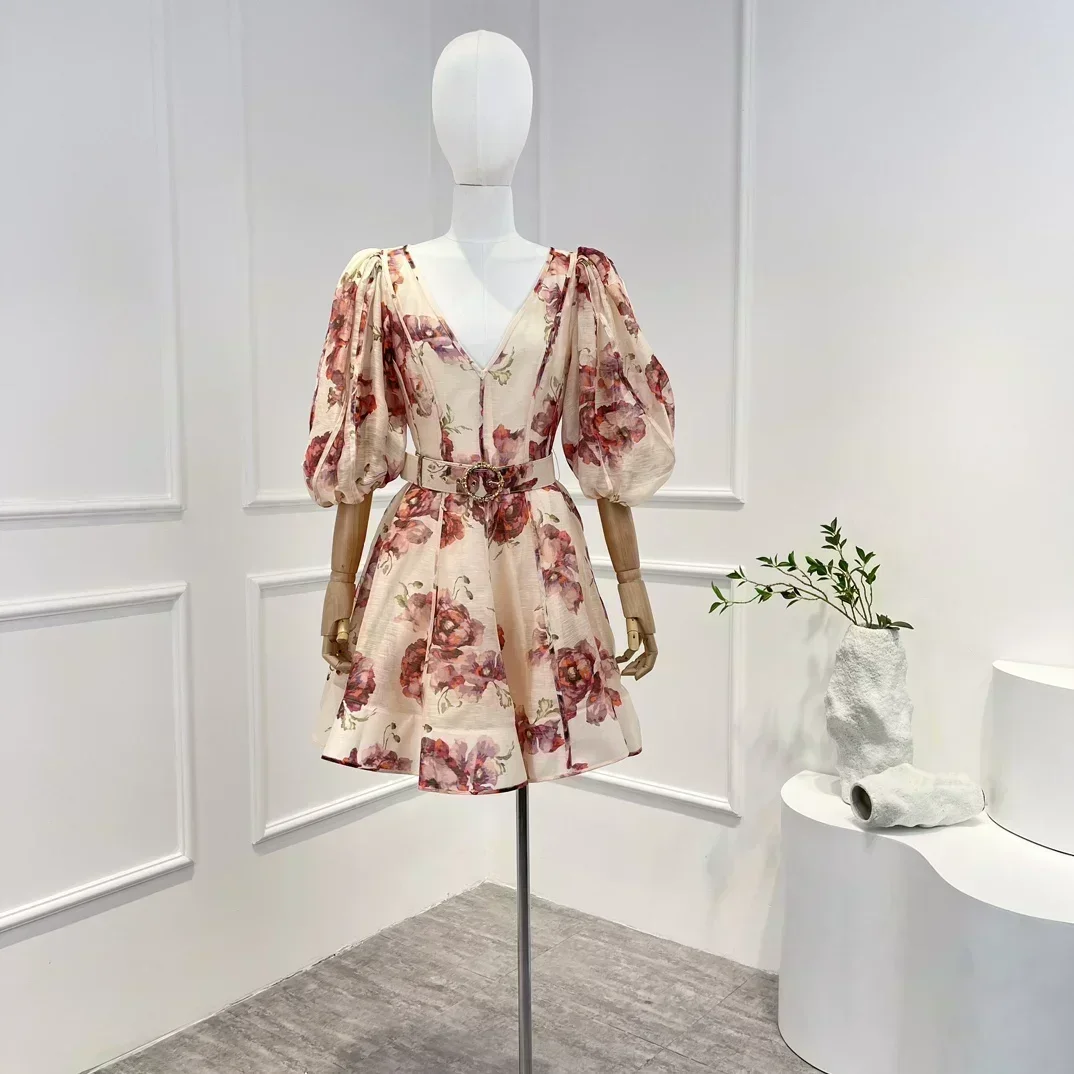 

2023 Hot Sale Pink Floral Printing Linen Silk V-neck Mini Dress Women