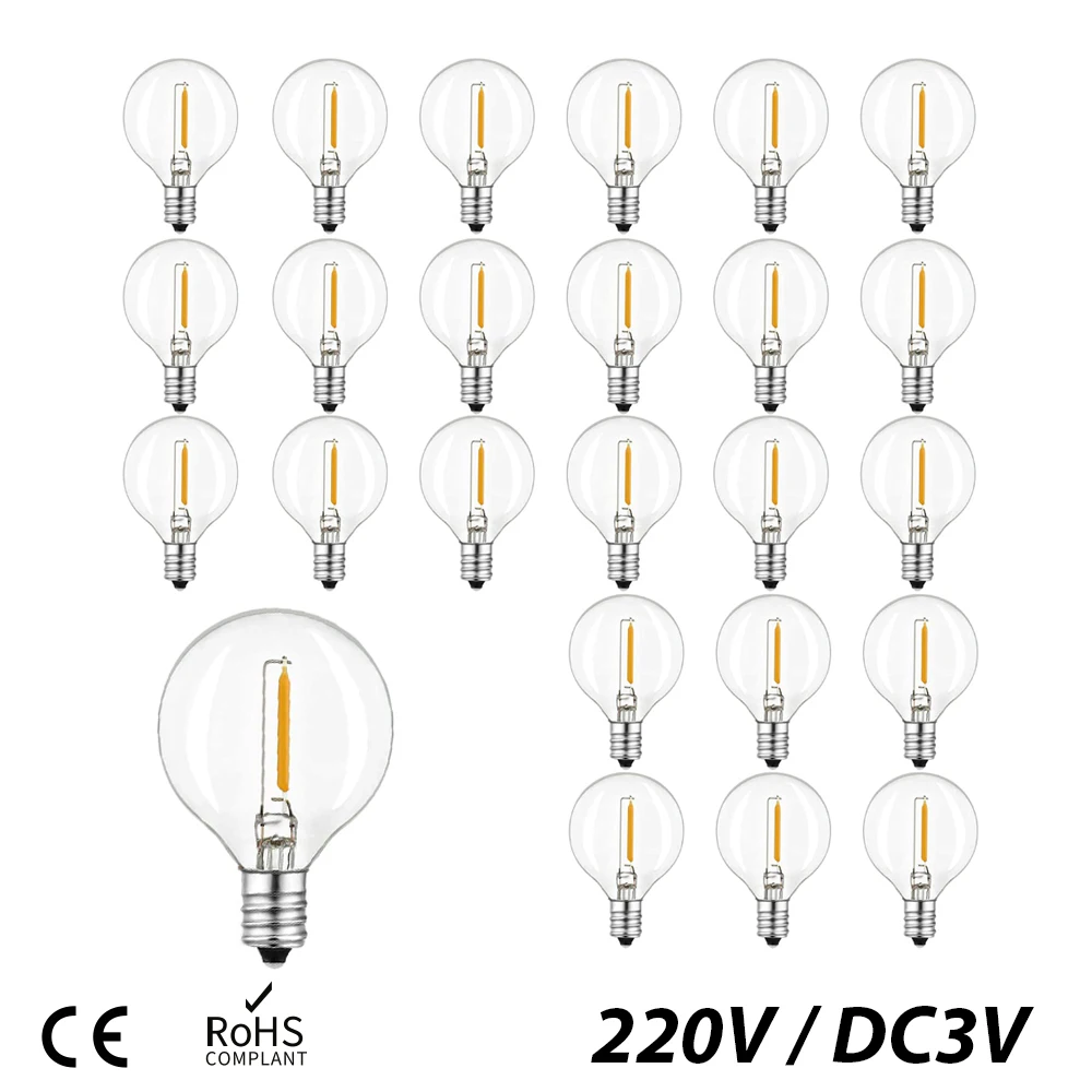 G40 1W LED String Lights Replacement Plastic Bulb E12 AC220V DC3V Warm White 2200K LED Lamps Replace 7W Incandescent Bulbs