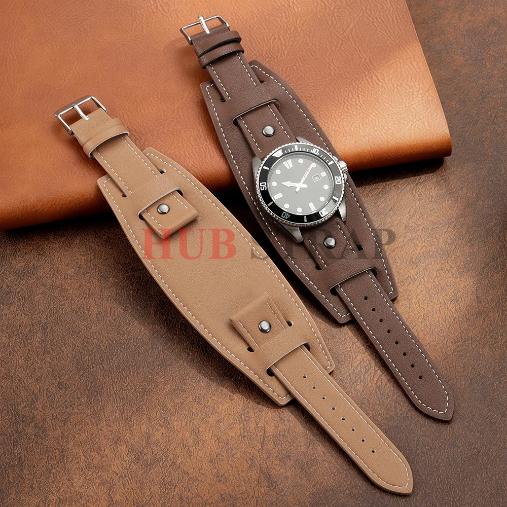 Vintage Leather Watch Band with Unique Base Tray - Black & Brown Cowhide Wristband
