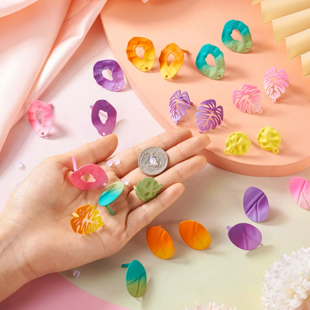 32Pcs Gradient Color Stud Earrings Leaf Teardrop Iron Ear Studs Earring Base Connectors with Ear Nut DIY Drop Earrings Jewellery