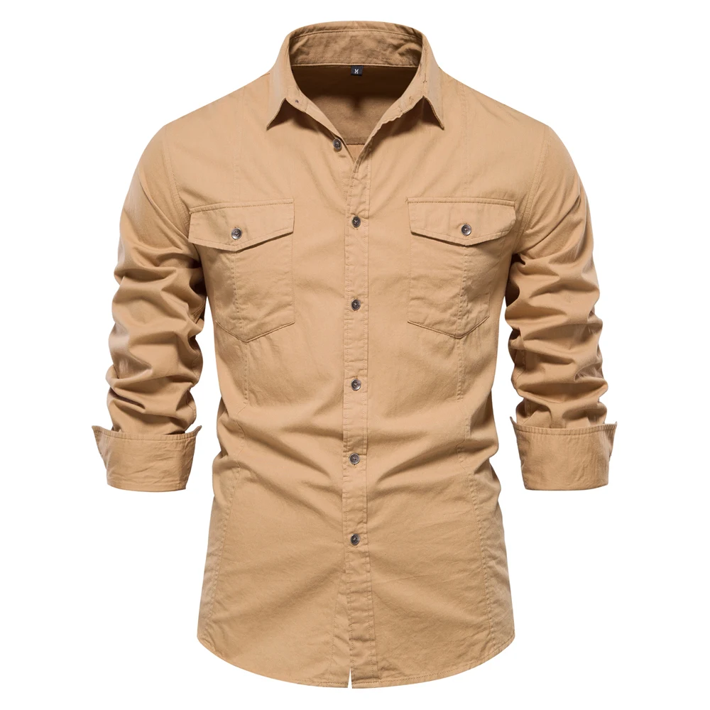 

100% Cotton Men‘s Shirt Autumn Solid Color Long Sleeve Pocket Shirts Fahsion Casual Blouse Quality Clothing Cargo Shirts for Men