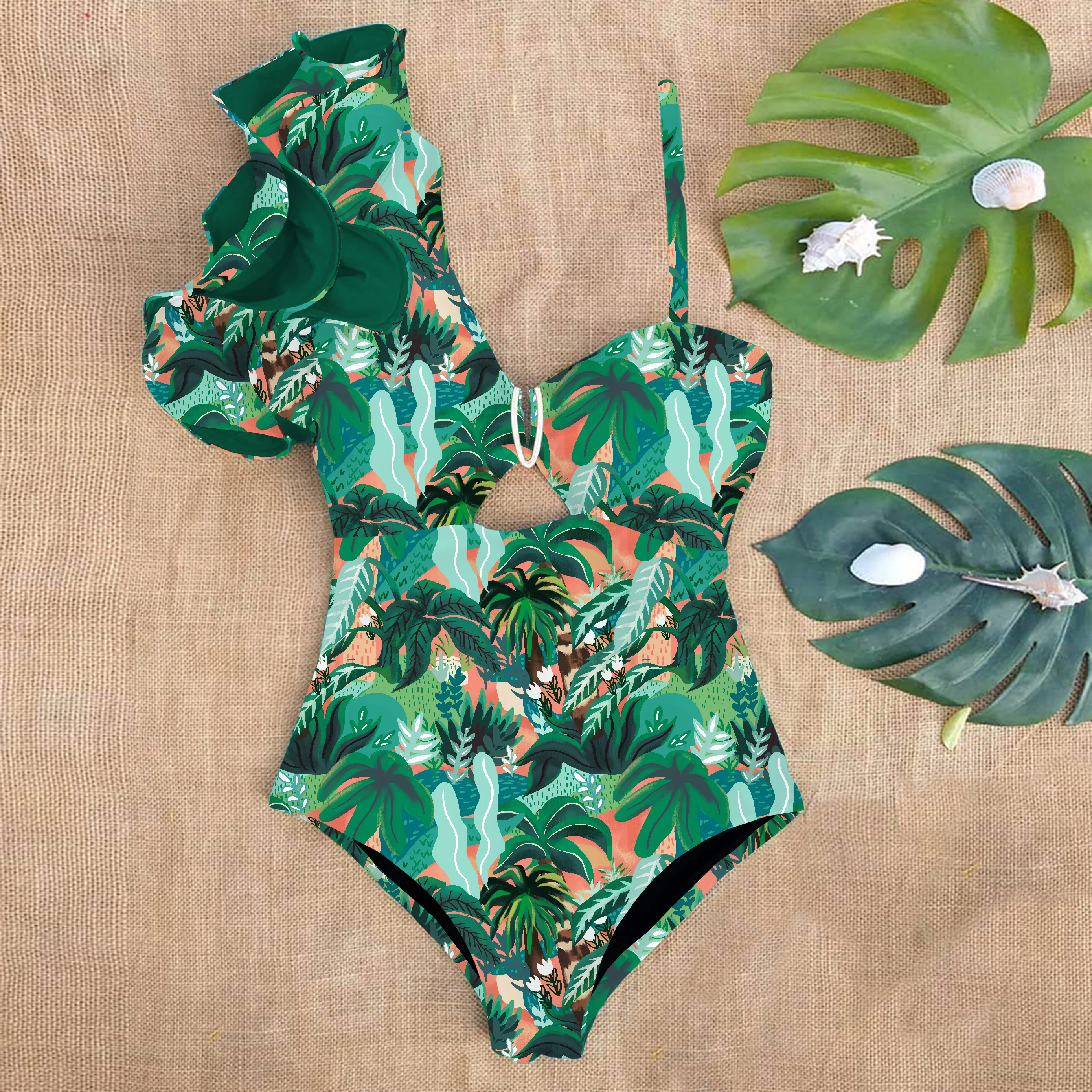 Ruffle Swimwear Single Shoulder One Piece Swimsuit Women Floral Printed Tropical Summer Beach Bathing Suit