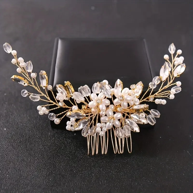 Crystal Rhinestone Pearl Hair Comb Headpiece Sweet Romantic Ladies Bride Party Wedding Jewelry Hair Clip Accessories 1pc