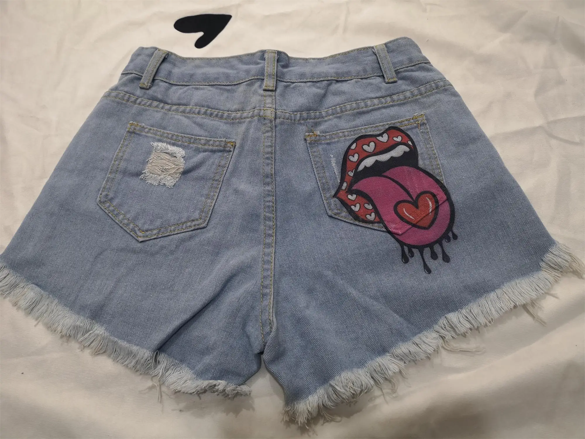 bape shorts Hot summer women's shorts pockets, printed pattern, big stone love, ripped raw shorts INS influencer high waisted shorts