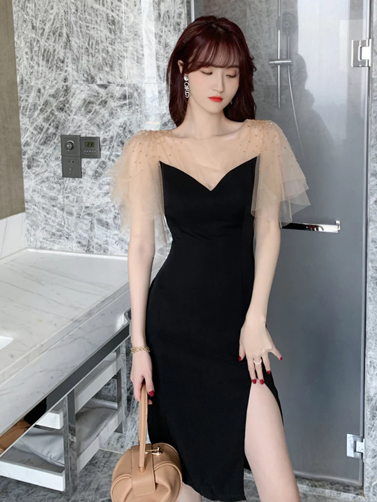 

Summer Women Midi Dress Sexy Elegant Black Sheer Mesh Patchwork Beading Short Slim Slit Bag Hip Robe Party Street Date Vestidos