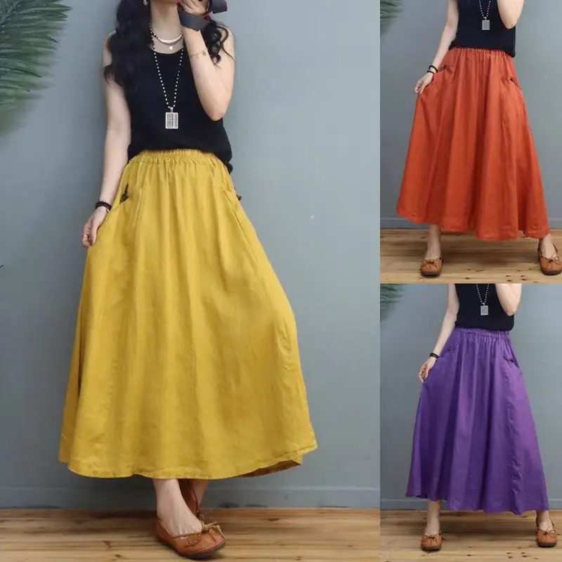 

LuckBN Vintage Cotton Hemp Solid Color A Version Skirt for Women 2023 Summer New Elastic Waist Solid Color Versatile Long Skirt