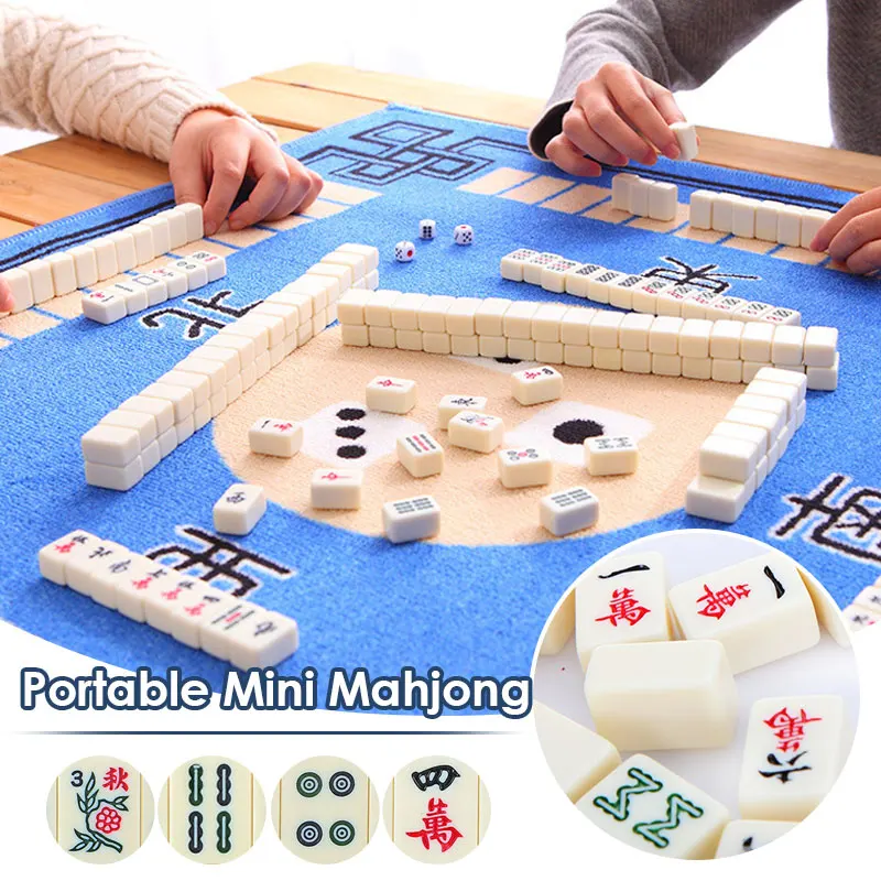 Chinese Mahjong Game Set (144 Sheets + 2 Dices + 2 Blank) Traditional Chinese Game Classic Tiles Mini Travel Boxed Games Props