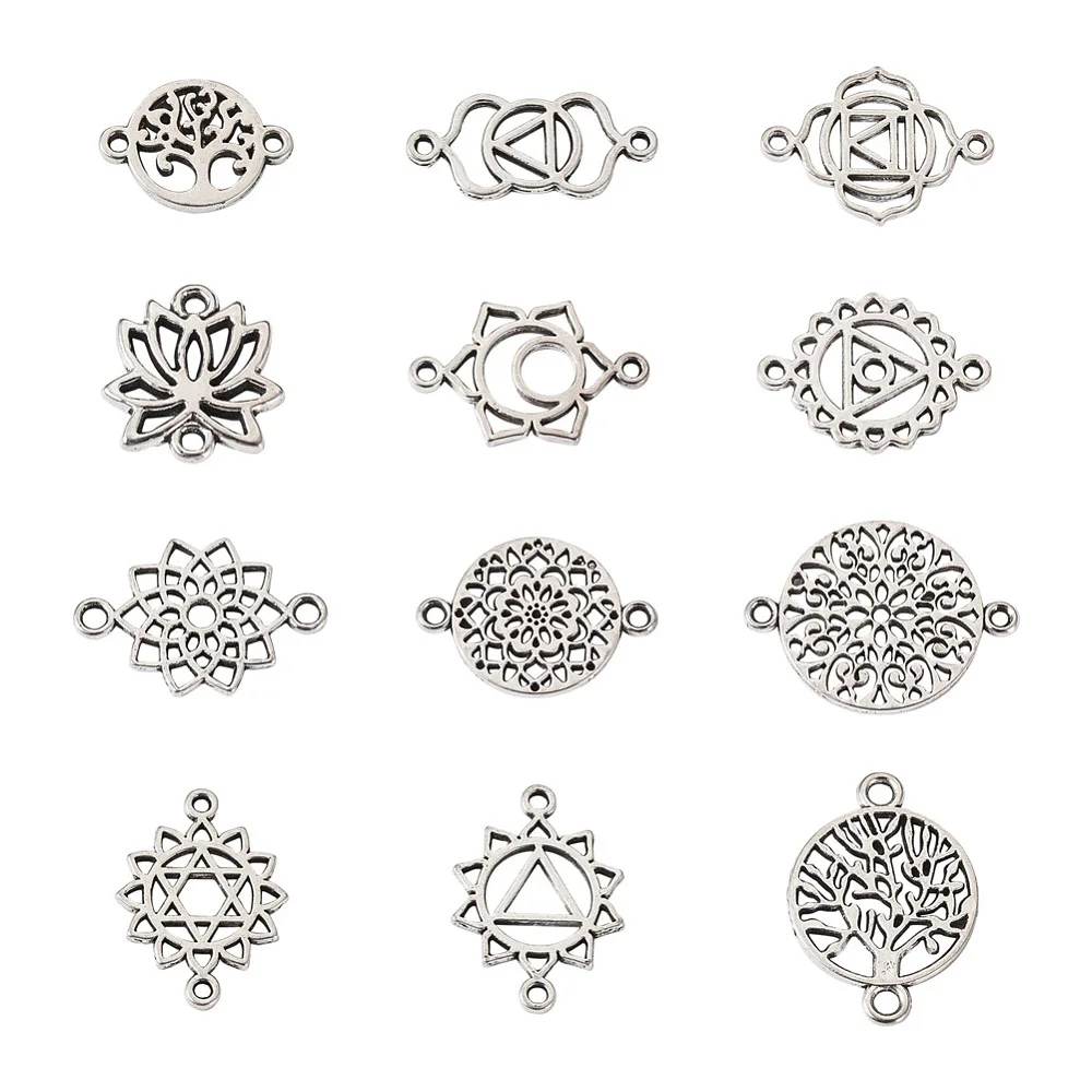 

120Pcs Tibetan Style Alloy Connector Charms LinksFlower Lotus Mixed Patterns for Necklace Bracelet DIY Jewelry Making Supplies