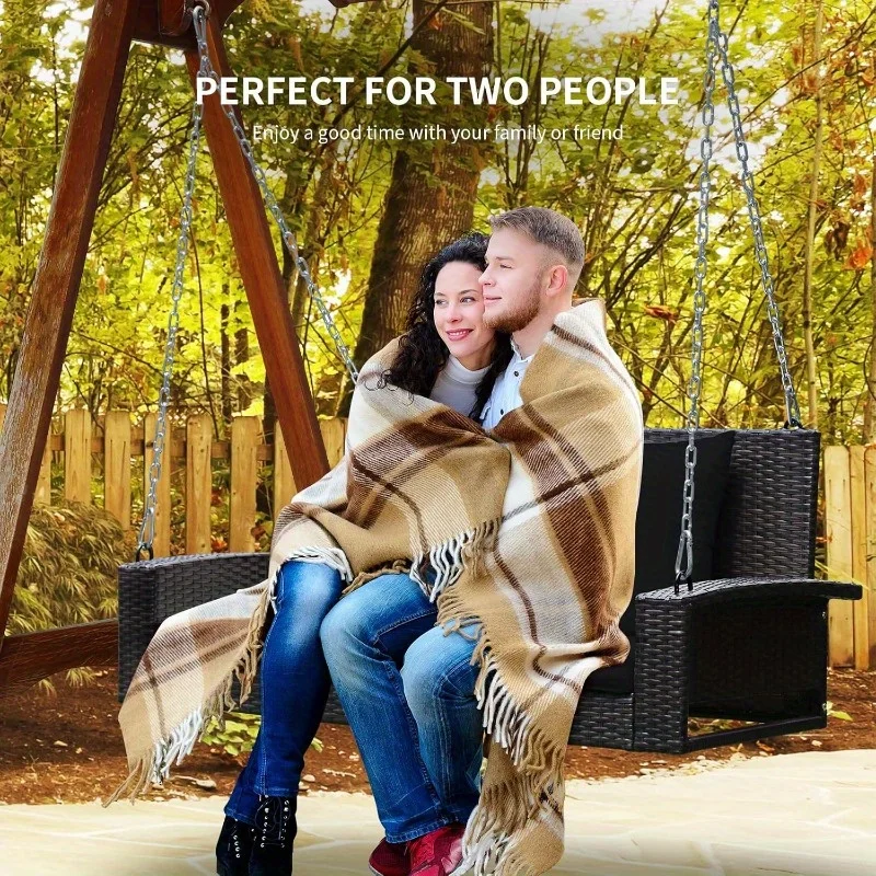 RELAX4LIFE Porch Swing 2-Seat Patio Rattan Wicker Porch Swings Outdoor W Two 7.9 Ft Solid Steel Chain Comfortable Back a 3