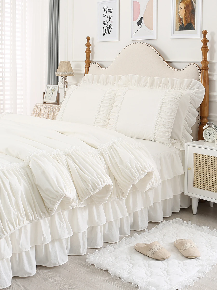 100% Premium Cotton Bedding Four Piece Set, Fairy Wind Lolita White Bed Skirt Bed Sheet Quilt Cover, Ruffle Edge Duvet Cover Set 3