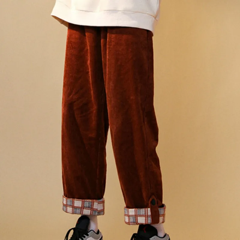 Winter Corduroy Plus Velvet Ankle-length Pantalons Women Baggy Plaid Spliced Trousers For 140kg Casual Oversized Straight Pants