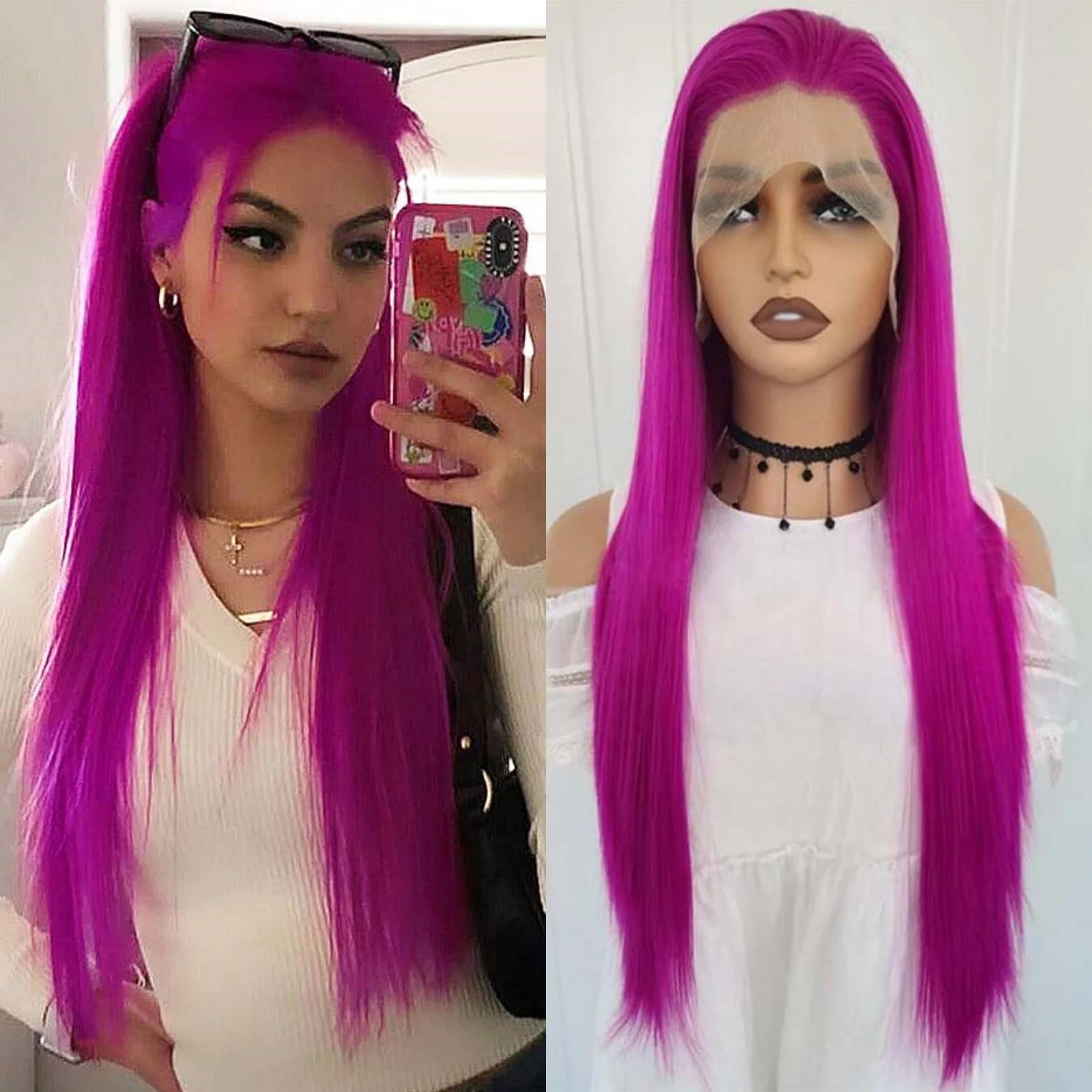 Synthetic Wig Hot Pink Long Straight Lace Front Glueless Rose Red Colored Hair for Women Party Cosplay, synthetic wig