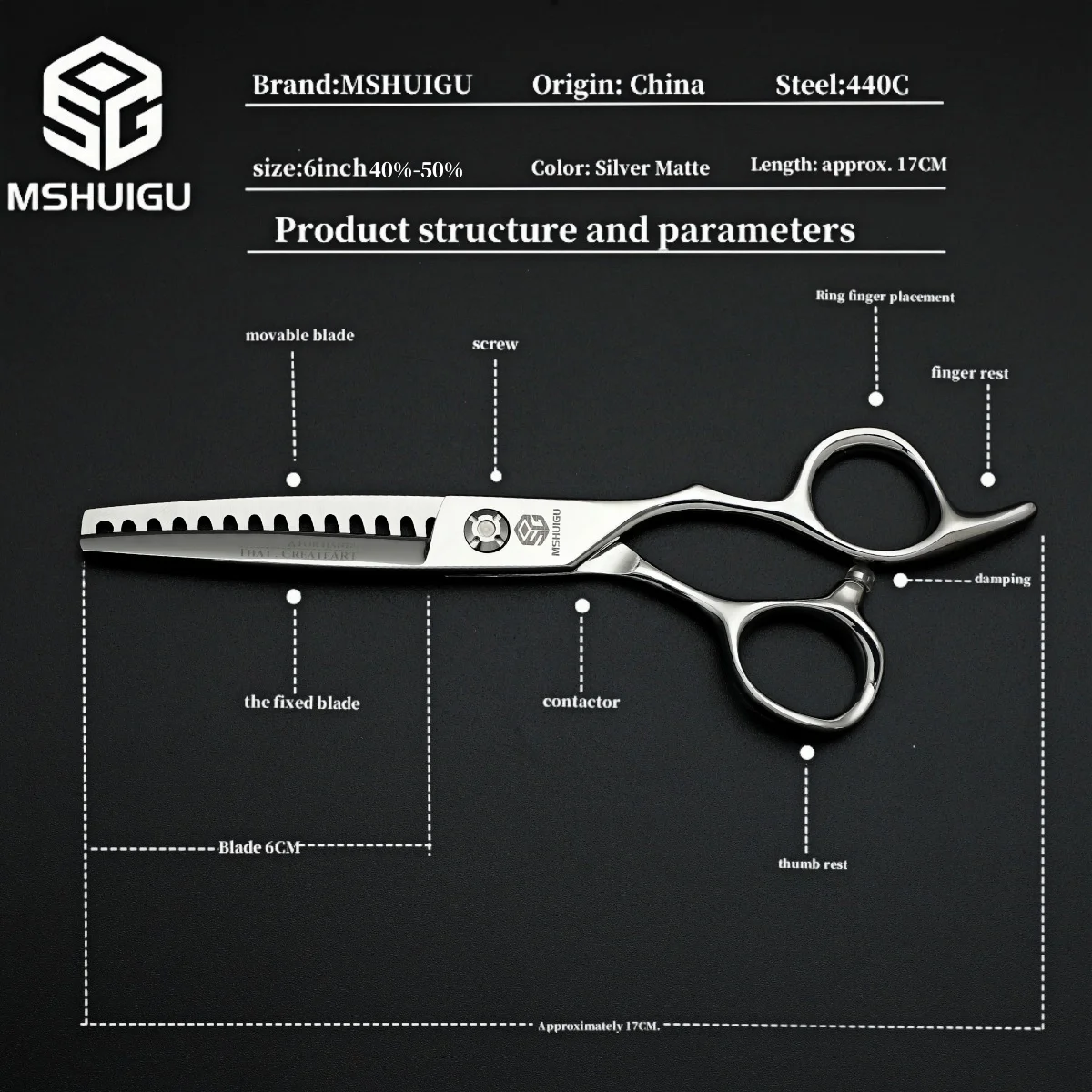MSHUIGU 6-Zoll professionelle Friseurschere mit umgekehrter Klinge 50 %-55 % Effilierschere Japan 440C für Herrenhaarschnitte Heim- und Salongebrauch – Detail 31