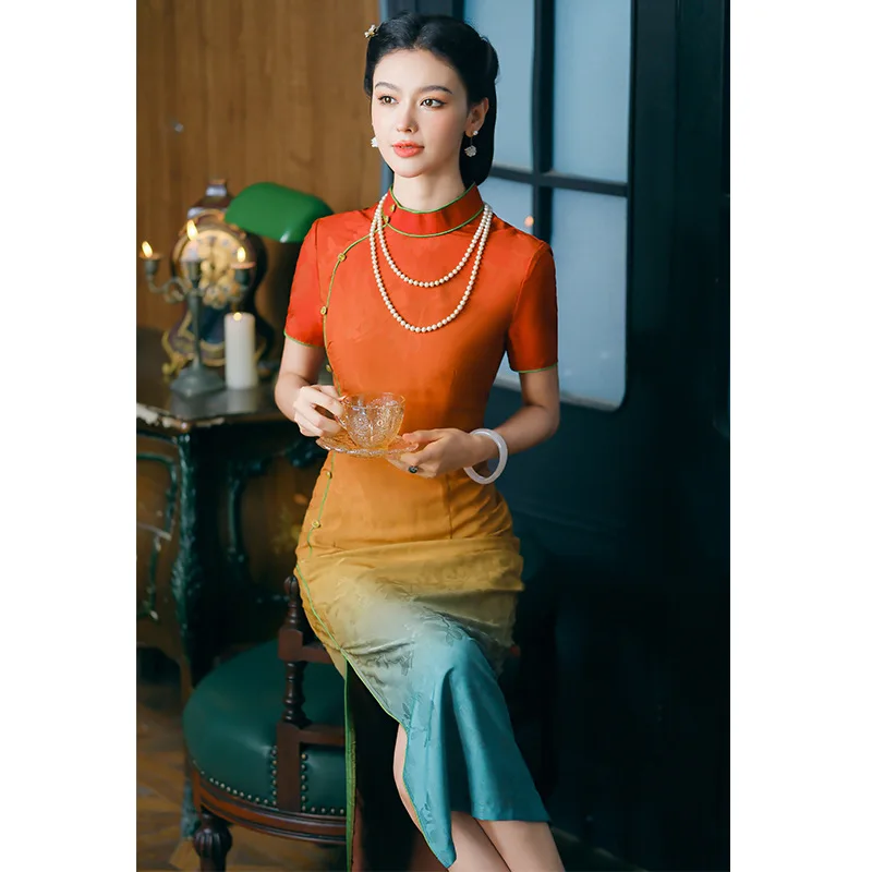 

Improved Chinese Dresses Women Sexy Qipao Gradient Color Cheongsam Tradition Mandarin Collar Qipaos Lady Elegant Long Vestidos