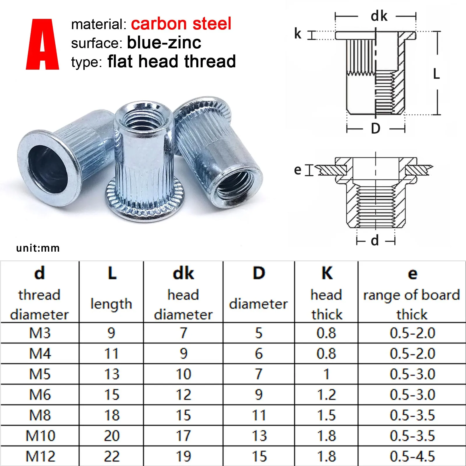 20 Stück M3 M4 M5 M6 M8 M10 M12 Einsatz Nietmutter Nietmuttern Nutsert Blind Hex Flachkopf Kohlenstoffstahl Aluminium 304 316 Edelstahl – Detail 2