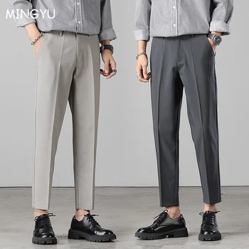 2022 New Brand Summer Ankle-Length Pants Men Stretch Business Suit Classic Black Grey Korea Straigh Casual Formal Trousers Male 1
