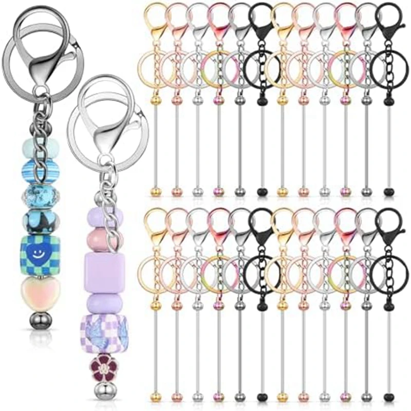 

24Pcs Beaded Keychains Bulk Beads DIY Blank Keychains Metal Beaded Keychains For Beaded Keychain Crafts