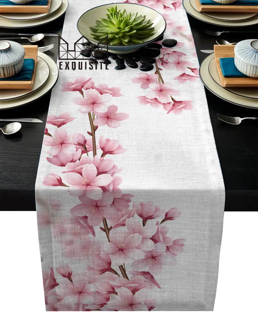 Linen Burlap Table Runner Dresser Scarves Pink Cherry Blossoms Kitchen