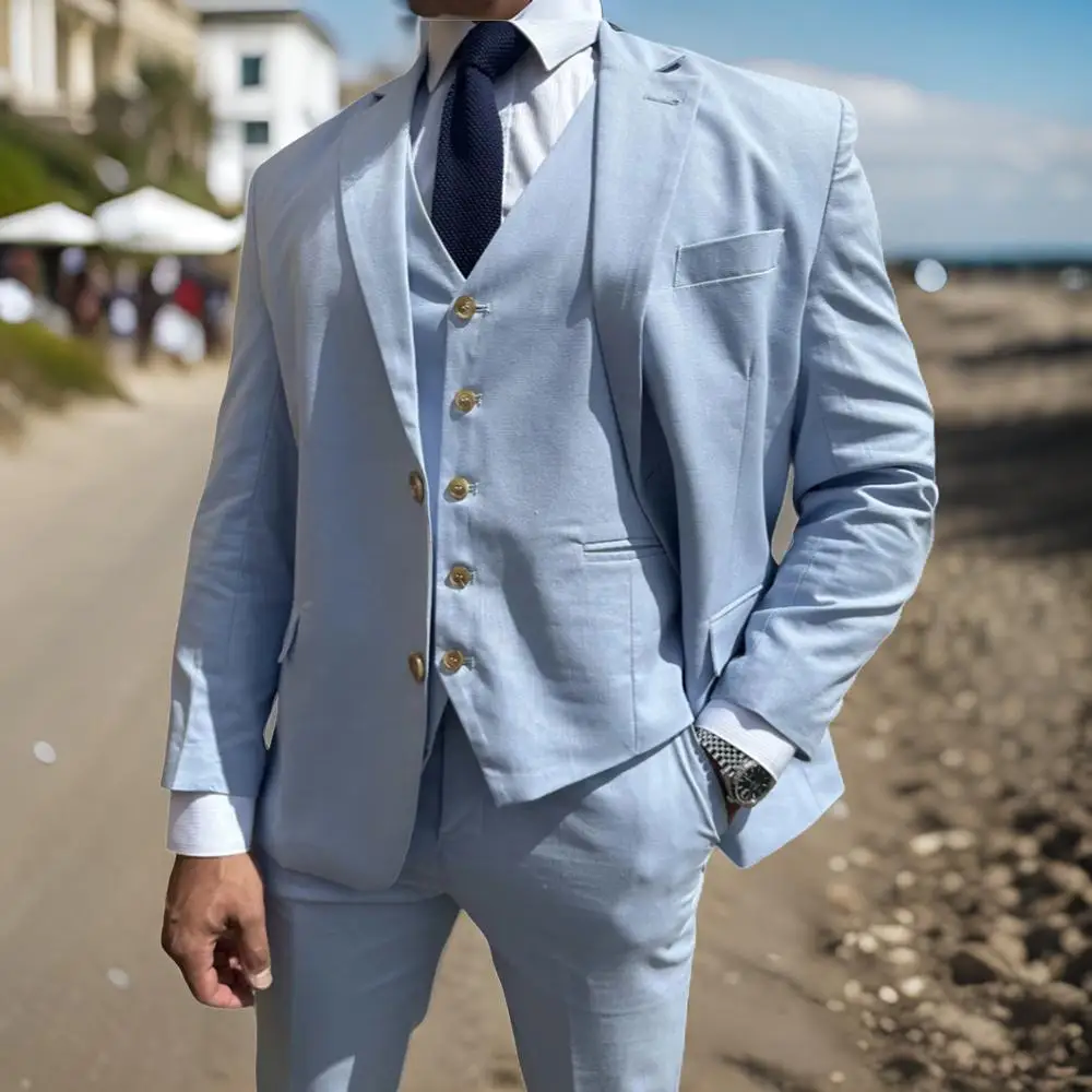 Sky Blue Linen Men Suits Outdoors Summer Party Wedding Groom Tuxedo 3 Pcs Male Fashion Jacket Vest Pants