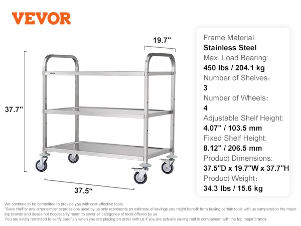 VEVOR 3 Tiers Wire Rolling 450LBS Capacity Steel Kitchen Cart with 80mm Basket Curved Handle PP Liner 6 Hooks Ideal for Indoor