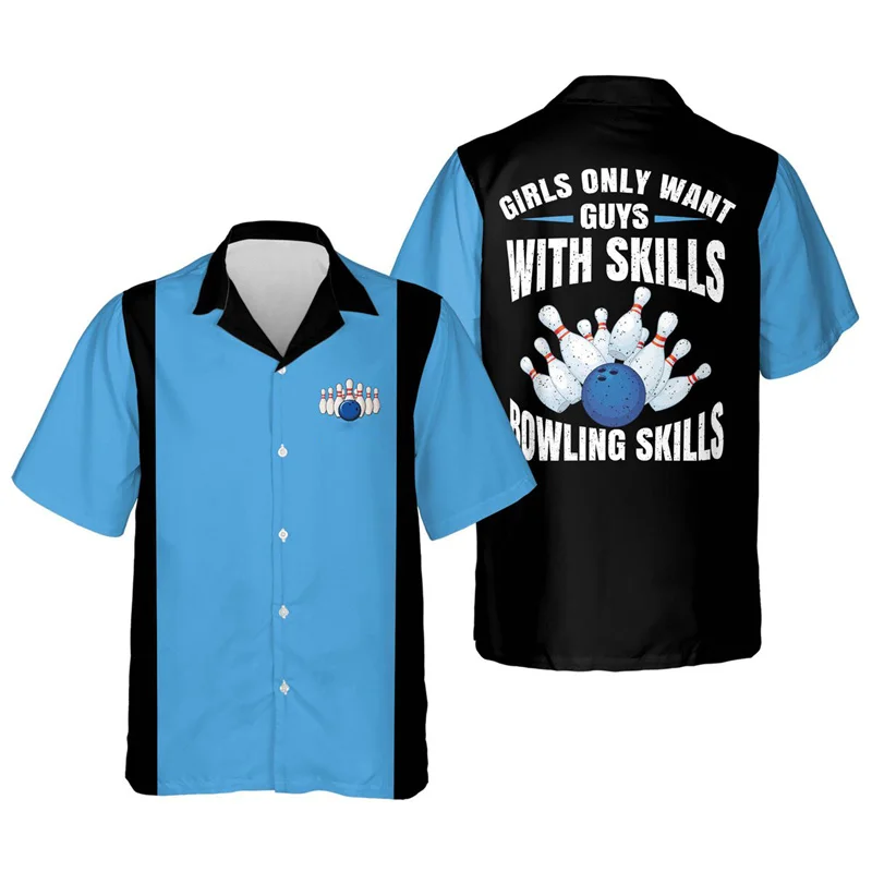 Sports Bowling 3d Printed Hawaiian Shirt For Men Cool Summer Beach Shirts Oversized Lapel Short Sleeves Tops Button Blouse 5