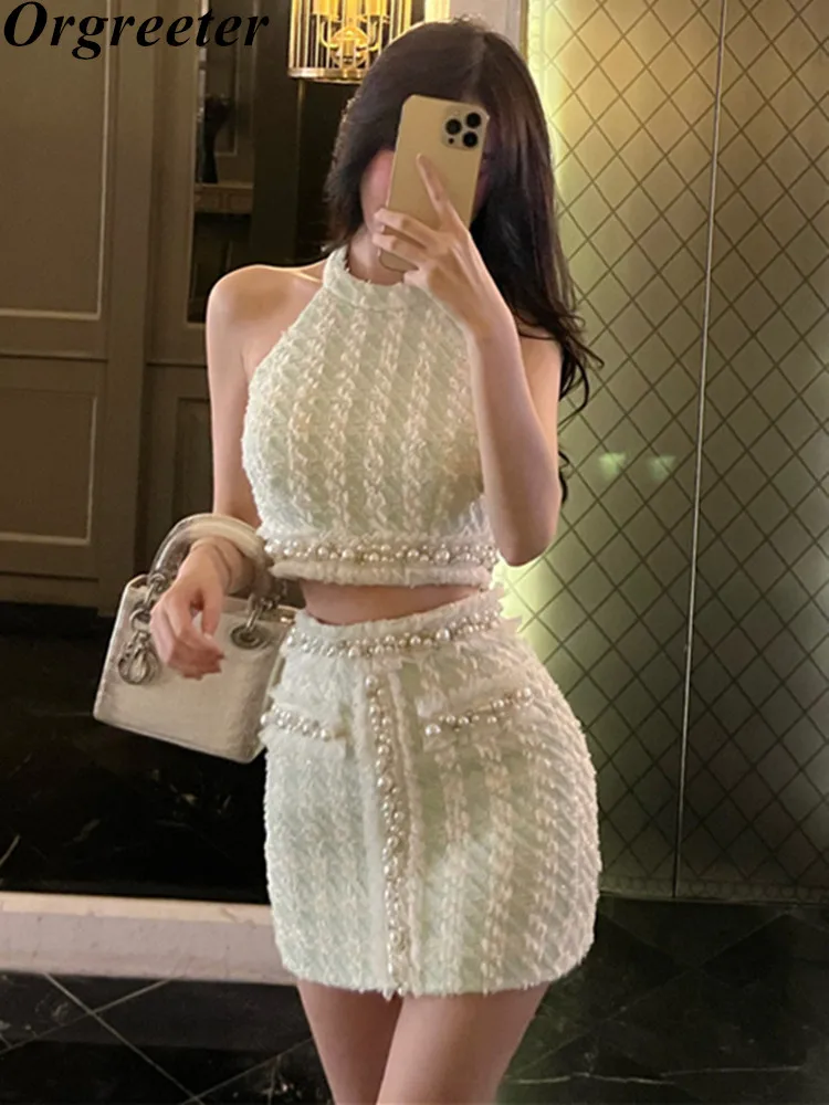 

Summer Luxury Beaded Small Fragrant Tweed Two Piece Set Women Sexy Halter Backless Crop Top + Skirt Suits Y2k Plaid 2 Piece Sets