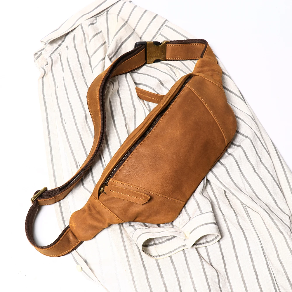 Crazy Horse Leder Gürteltasche Herren Echtleder Crossbody Brusttasche Outdoor Sport Handytasche Verstellbare Gürteltasche