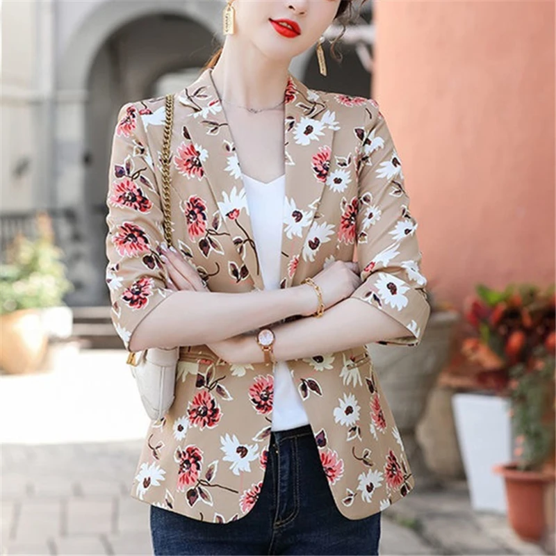 

2023 Spring/Summer Fashion New Style Suit Collar 3/4 Sleeve Waist Wrapped Thin Printed Suit Coat Women's Trend H430
