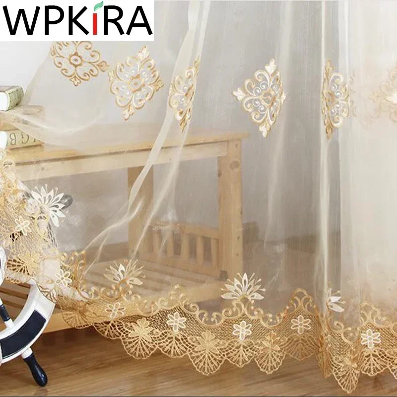 Sheer curtains Luxury European Water Soluble Embroidery Sheer Curtain for Living room Tulle Bottom Gold Lacework Window Screen Custom WP160H