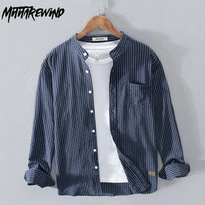 Harajuku Fashion Striped Shirt Men Spring Summer Daily Causal Shirt Pocket Stand Collar 100% Cotton Shirt Simple Men's Clothing