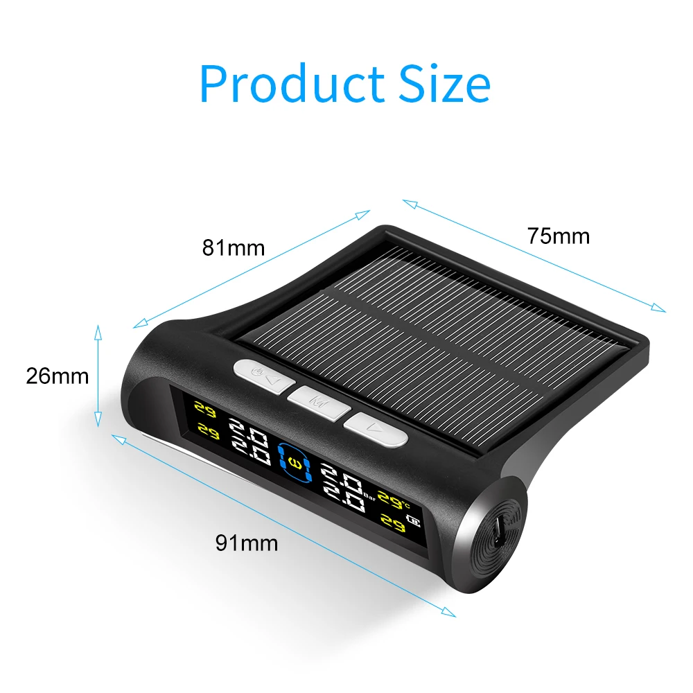Smart Car TPMS Tire Pressure Alarm Monitor System with 4 Sensors Display Solar Power Tyre Pressure Temperature Warning System