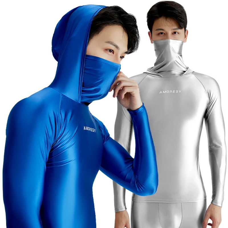 sexy Silk Breathable smooth T-shirt glossy tight surfing sun protection quick drying Hooded top fitness suit Men's swimsuit men swimsuit male swim rash guard