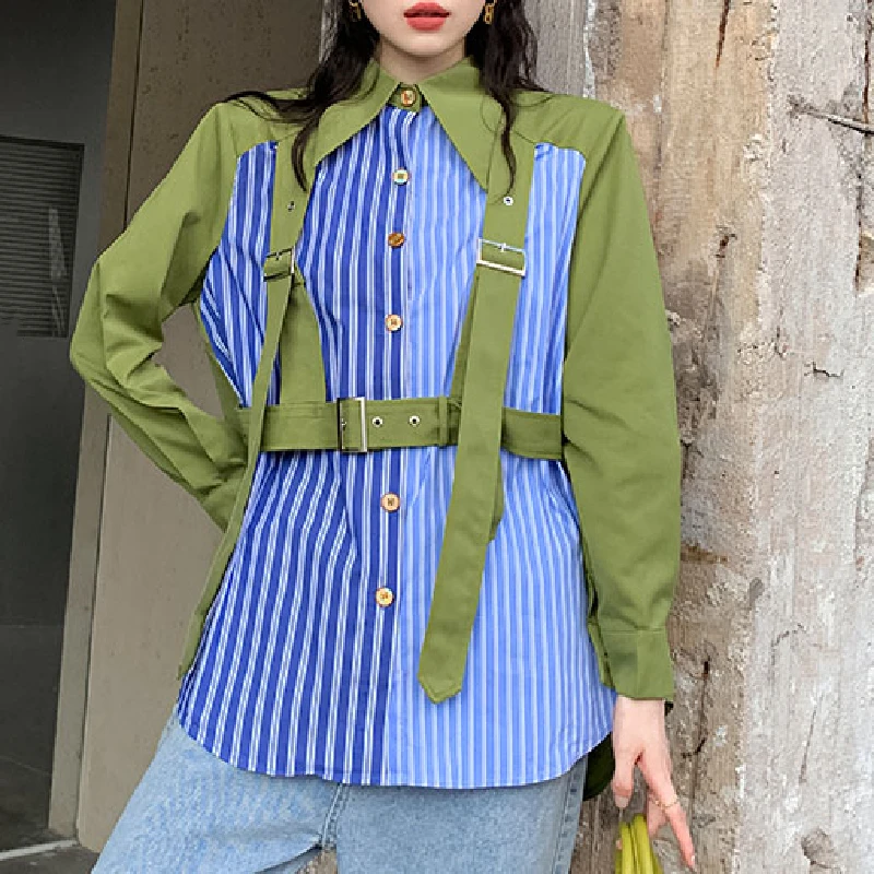 

Autumn Women Chiffon Blouse Korean Chic Striped Long Sleeve Tops Ladies Loose Single Breasted Shirt Blusas Mujer Female