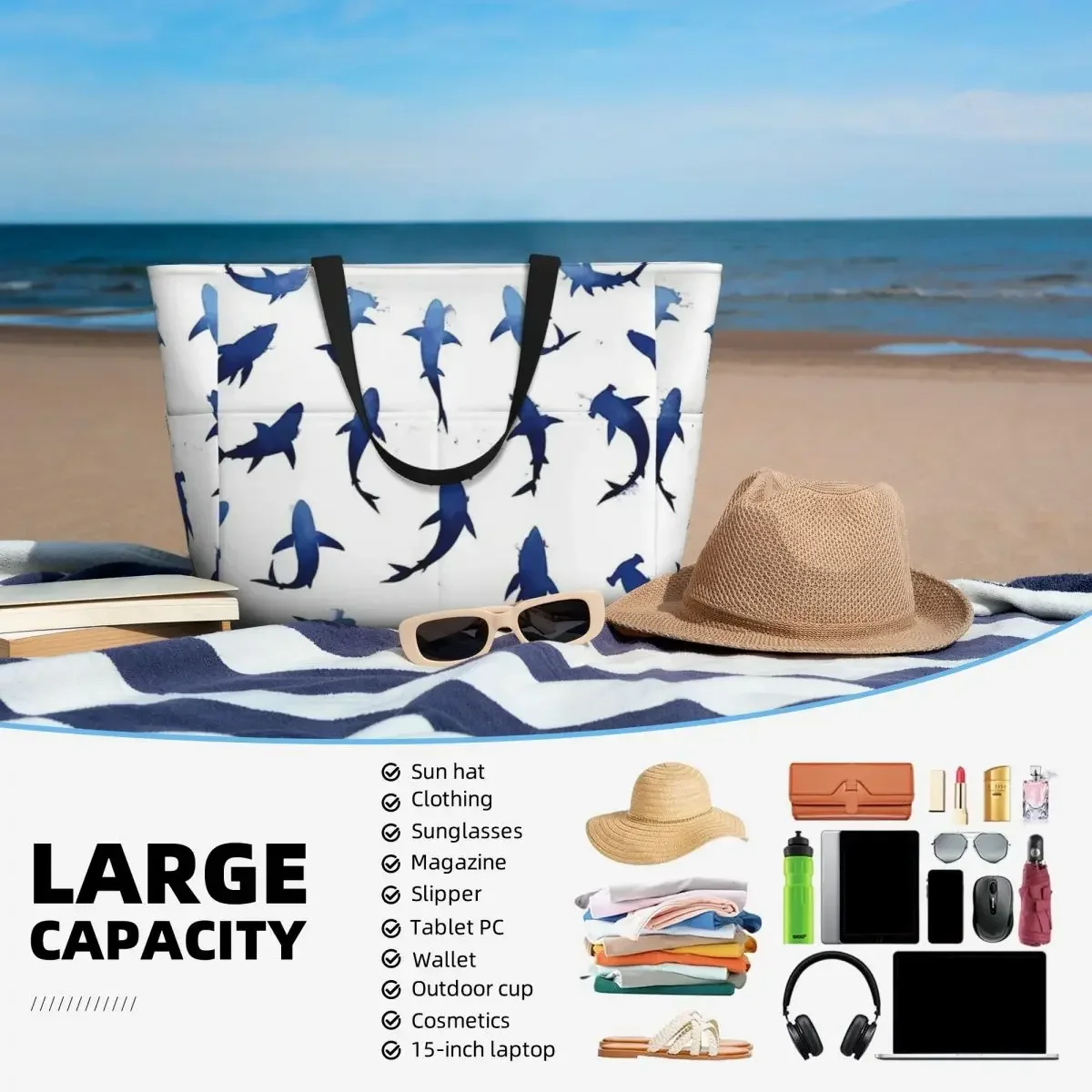 Shark Love Beach Travel Bag, Tote Bag Holiday Large Capacity Birthday Gift Multi-Style Pattern