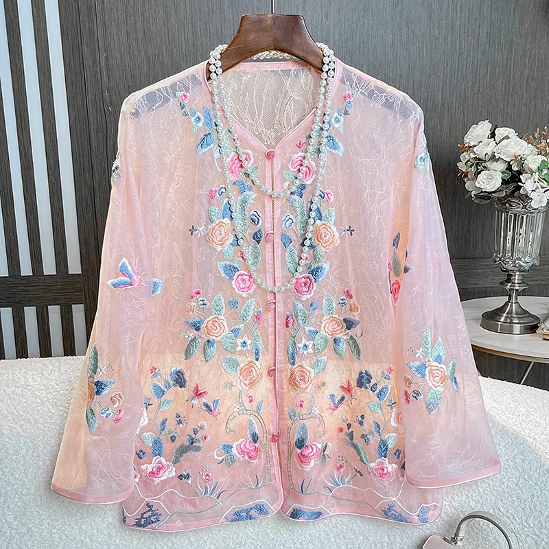 

High-end Summer Royal Embroidery Silk Top Coat Chinese Style Sun Protection Hanfu Lady Thin Top Jacket S-XXL