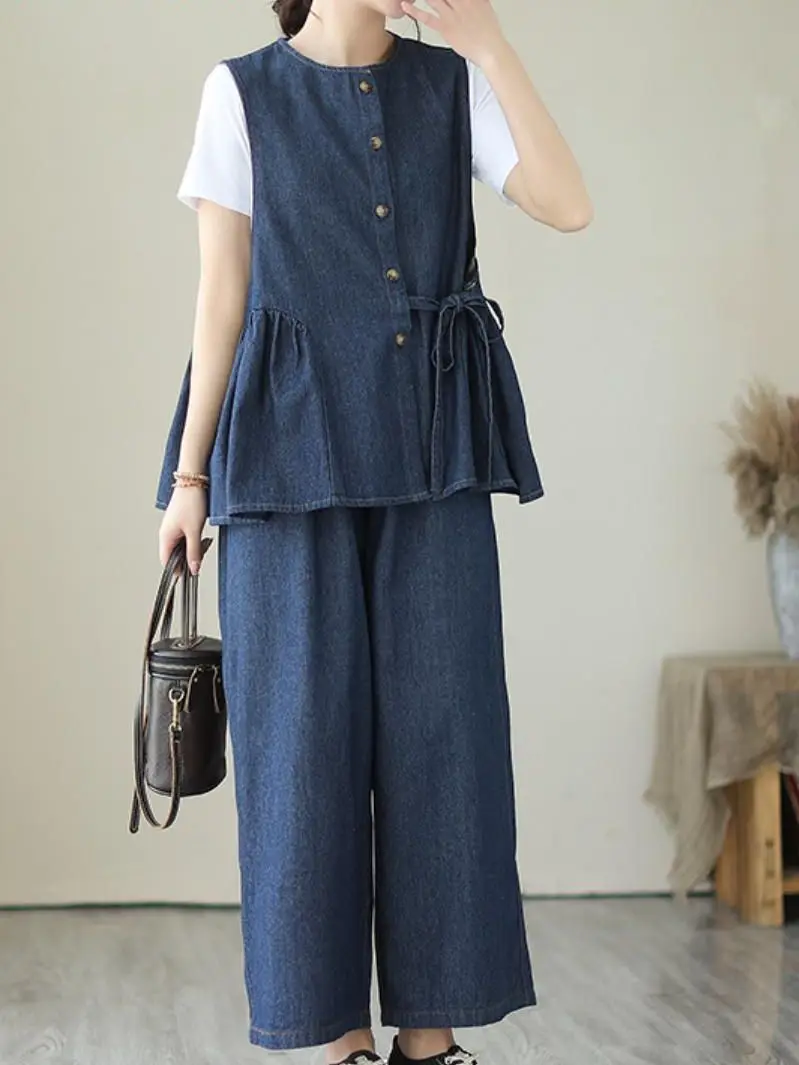 

Woman Vintage Solid Color Suit Summer Cowboy Single Breasted O-neck Sleeveless Vest + High Waist Wide Leg Pants Two-piece Suit