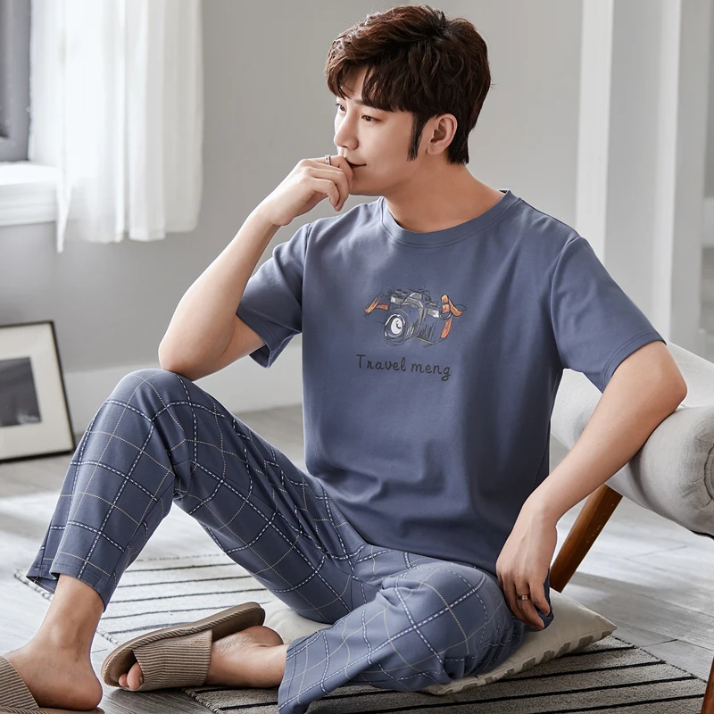 

Letter Printed Men's Cotton Pajamas Set for Summer Short Sleeves Long Pant Nightwear Big Size L-4XL Homewear Hombre Pijamas