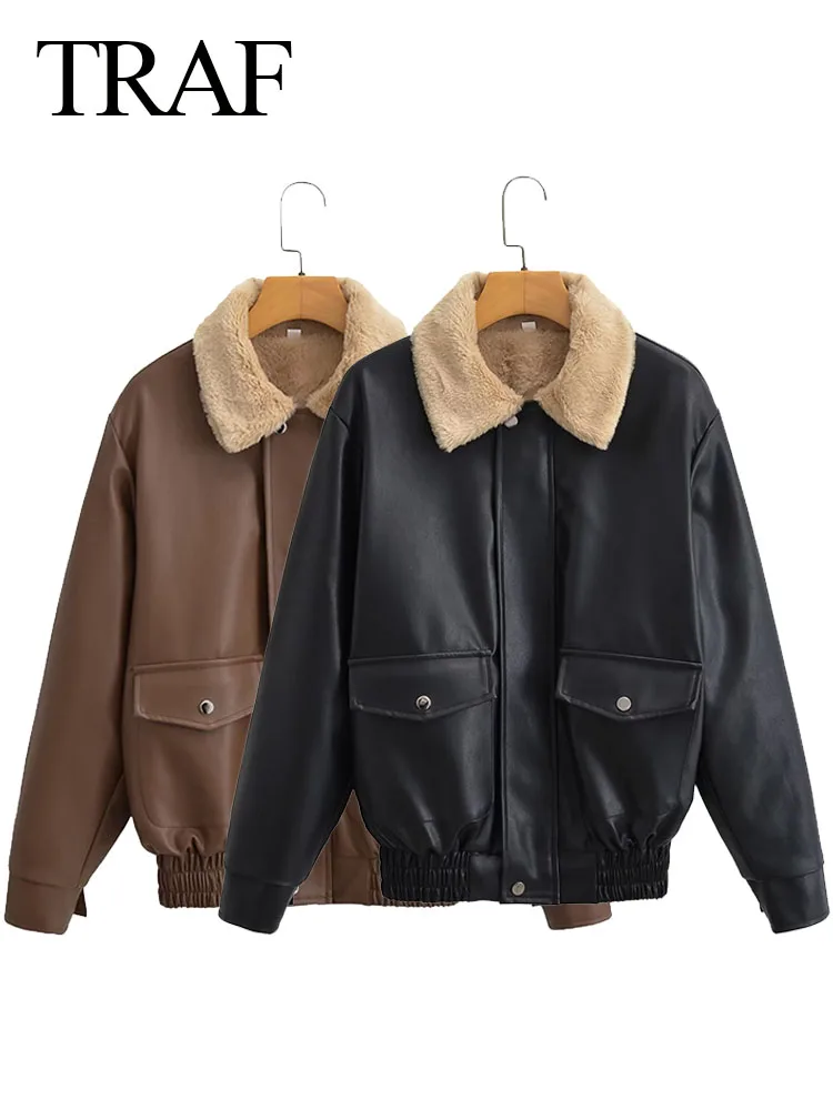 

TRAF Female Streetwear Fashion Warm Jacket Solid Turn-Down Collar Long Sleeves Pockets Zipper Women's Winter Faux Leather Jacket