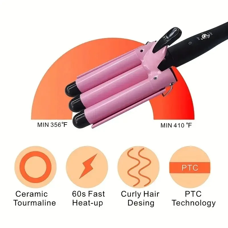 Curling Stick Pink 3 Barrel Hair Crimpers Professional Ceramic Triple Barrel Styler