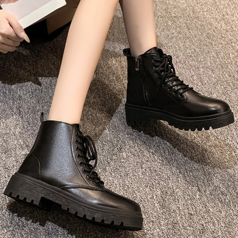 

Женские ботинки на шнуровке, однотонные водонепроницаемые ботинки на молнии, с круглым носком, на платформе, 2023