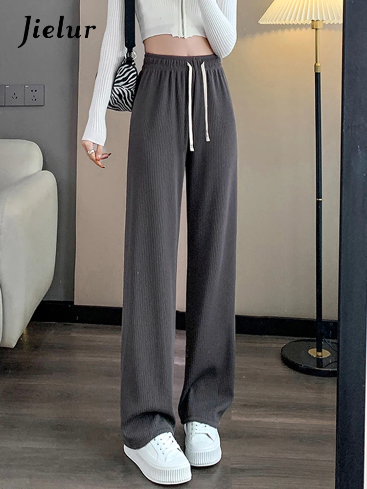 

Jielur Брюки женские трикотажные однотонные, повседневные Прямые офисные штаны свободного покроя с поясом на резинке, с широкими штанинами, серого цвета