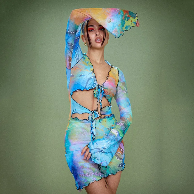 

Y2k Sexy Bodycon Female Multi Color Tie Dye Printed Mini Dress for Women Long Sleeve Slim Fit Party Club