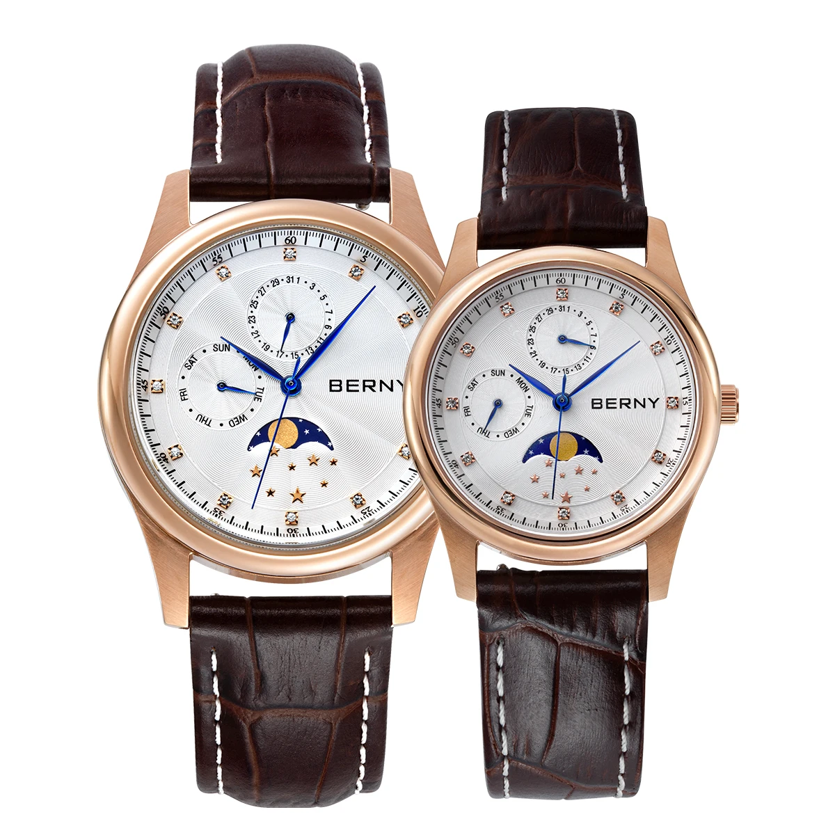 BERNY Quartz Couple Watch Sapphire 34/38mm Dial Diamond Moon phase Calendar Wristwatch Day-Date Dial Blued-steel hand Wristwatch