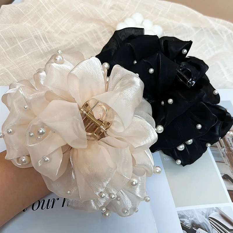 مشبك شعر نسائي على الطراز الكوري دبوس شعر لؤلؤي رائع إكسسوارات للشعر بفيونكة خلفية على شكل زهرة انتزاع مخلب شعر أنيق لطيف