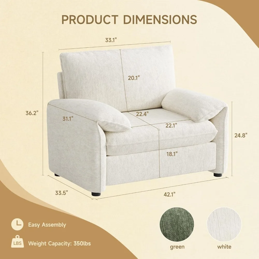 oversized accent chair, 42 inch chenille fabric armchair, comfy single sofa chair with padded arms, pocket spring cushion, moder