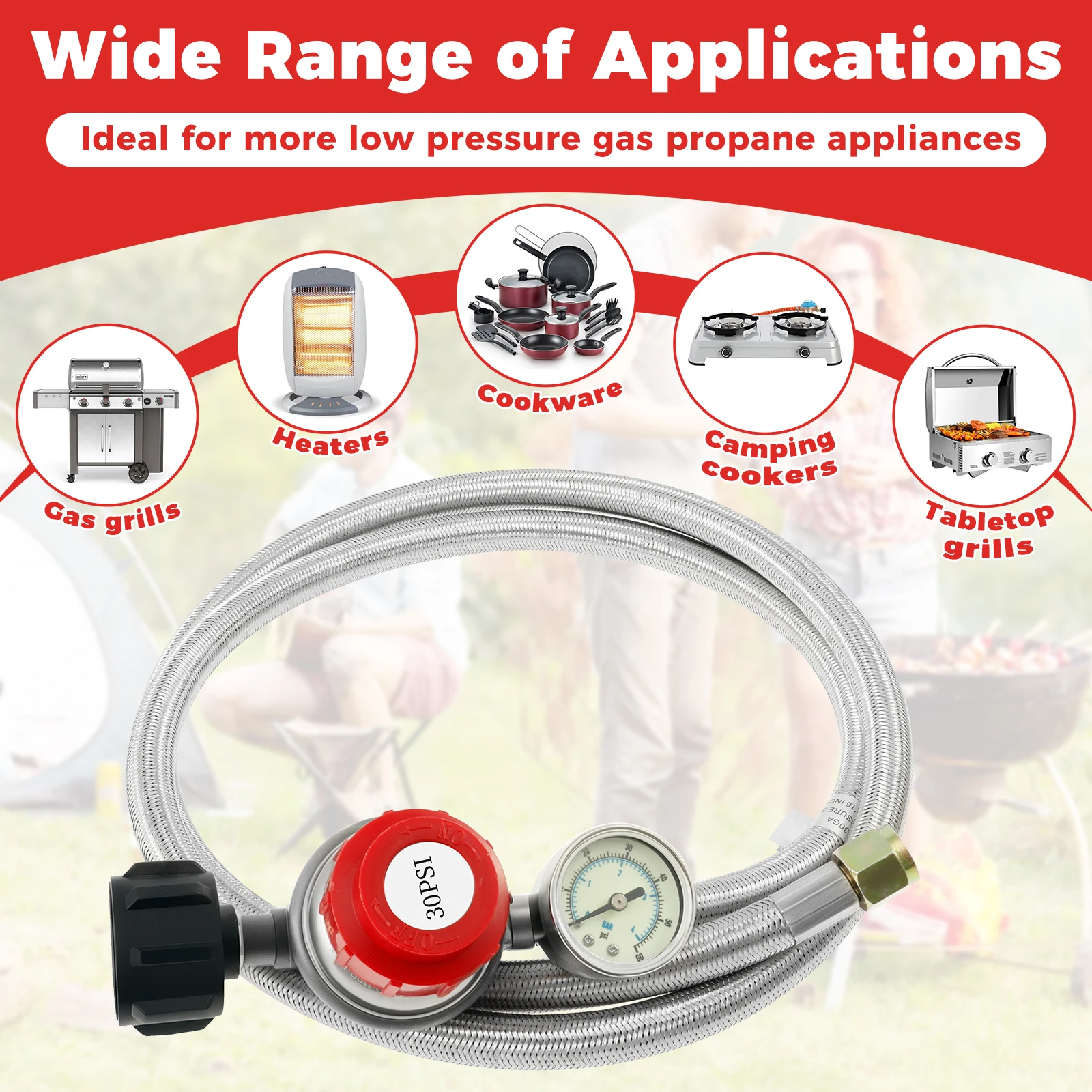 5FT Stainless Steel Brass Propane Regulator And Hose 30 PSI Adjustable Extension Hose Copper Propane Refill for Turkey Frye