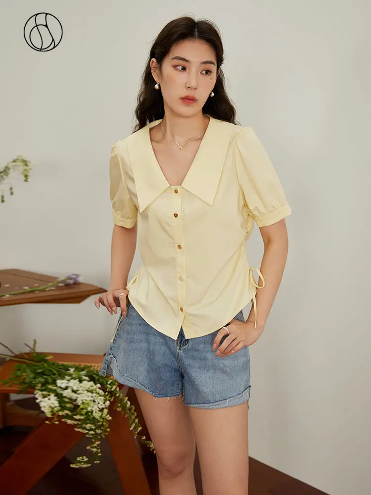 DUSHU Women Short Sleeve Solid Blouses Office Lady Summer Simple Turn-Down Collar Shirt Side Drawstring Design  Women Shirts