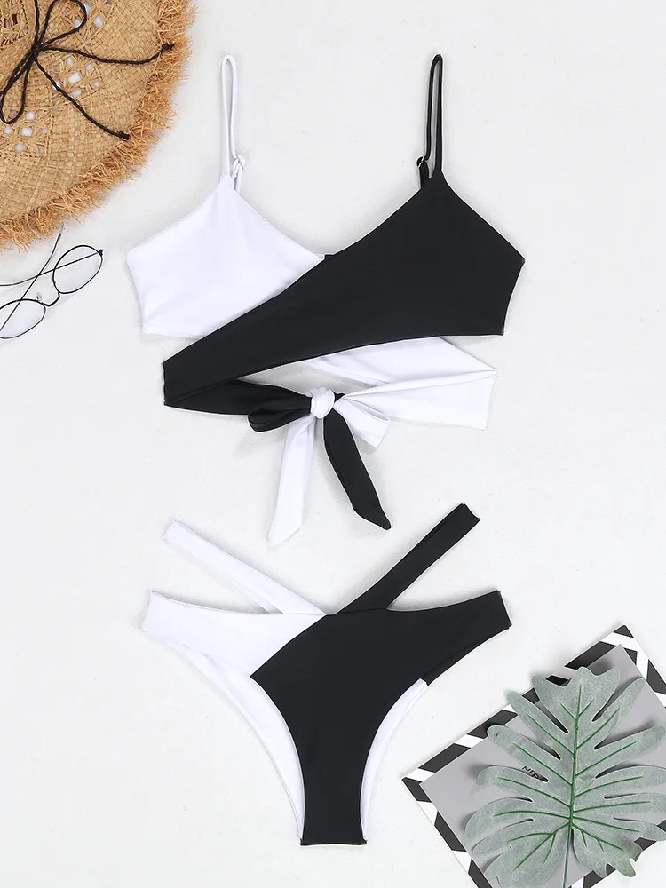 Women Cross Wrap High Waist Bikini Sets Black White Biquini Two Pieces Swimsuit Sexy 2024 Beach Bathing Suit Cut Out Swimwear