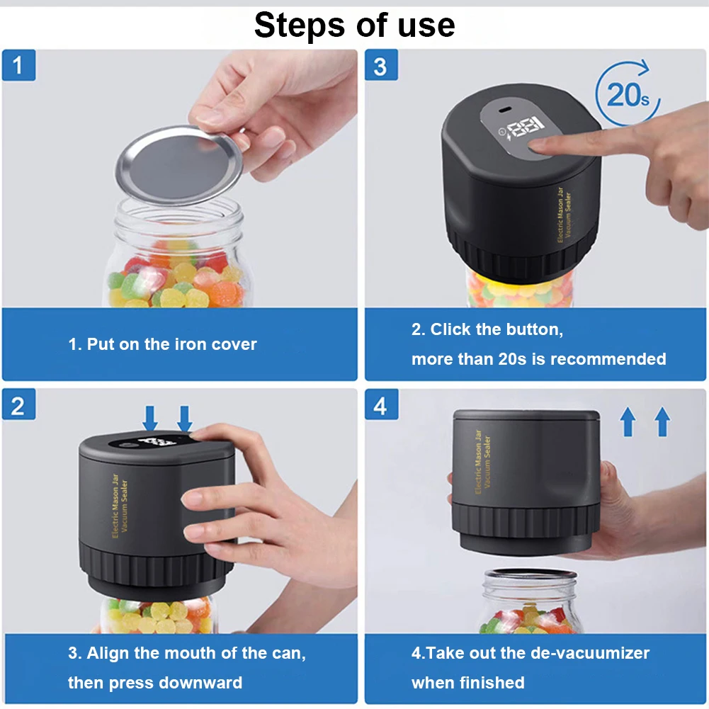 Electric Mason Jar Vacuum Sealer Cordless Canning Vacuum Sealer Can Seal Pump Kit for Wide Mouth Jars Fermentation with Mason 5