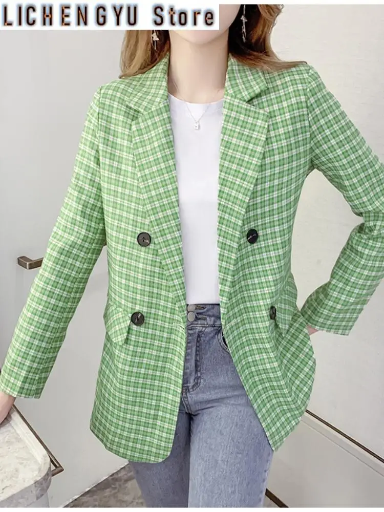 New Women Plaid Blazers Spring Fashion Green Jacket Coat Female Elegant Double Breasted Blazer with Belt Ladies Tops